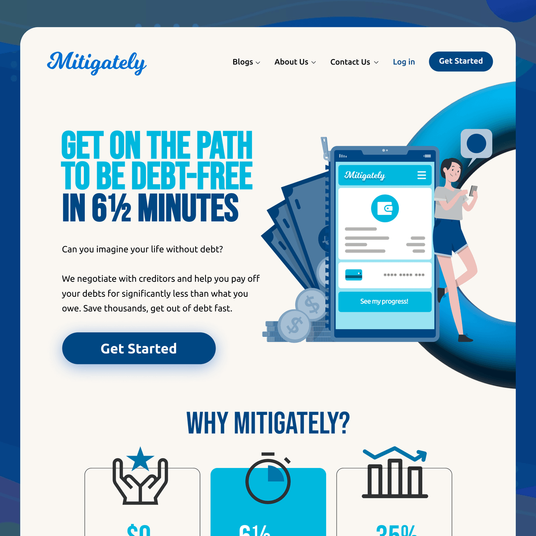A screenshot of a website that says get on the path to be debt free in 6 1/2 minutes.