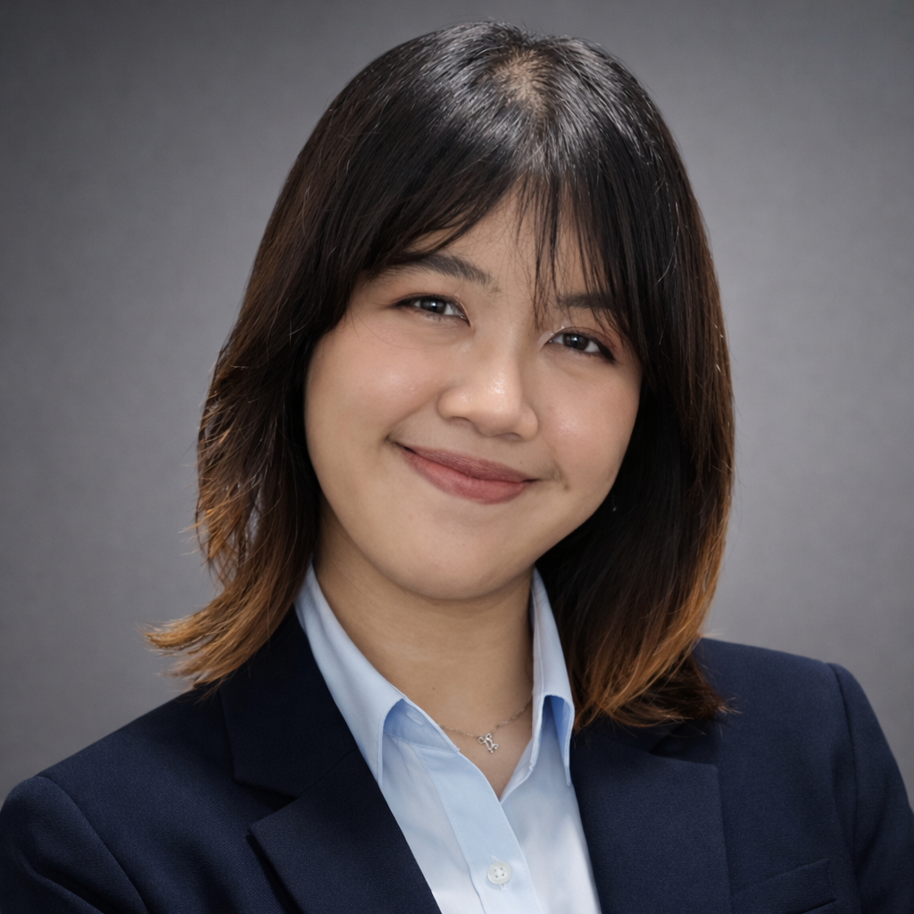 Smiling person in a dark blue blazer and light blue shirt against a gray background.