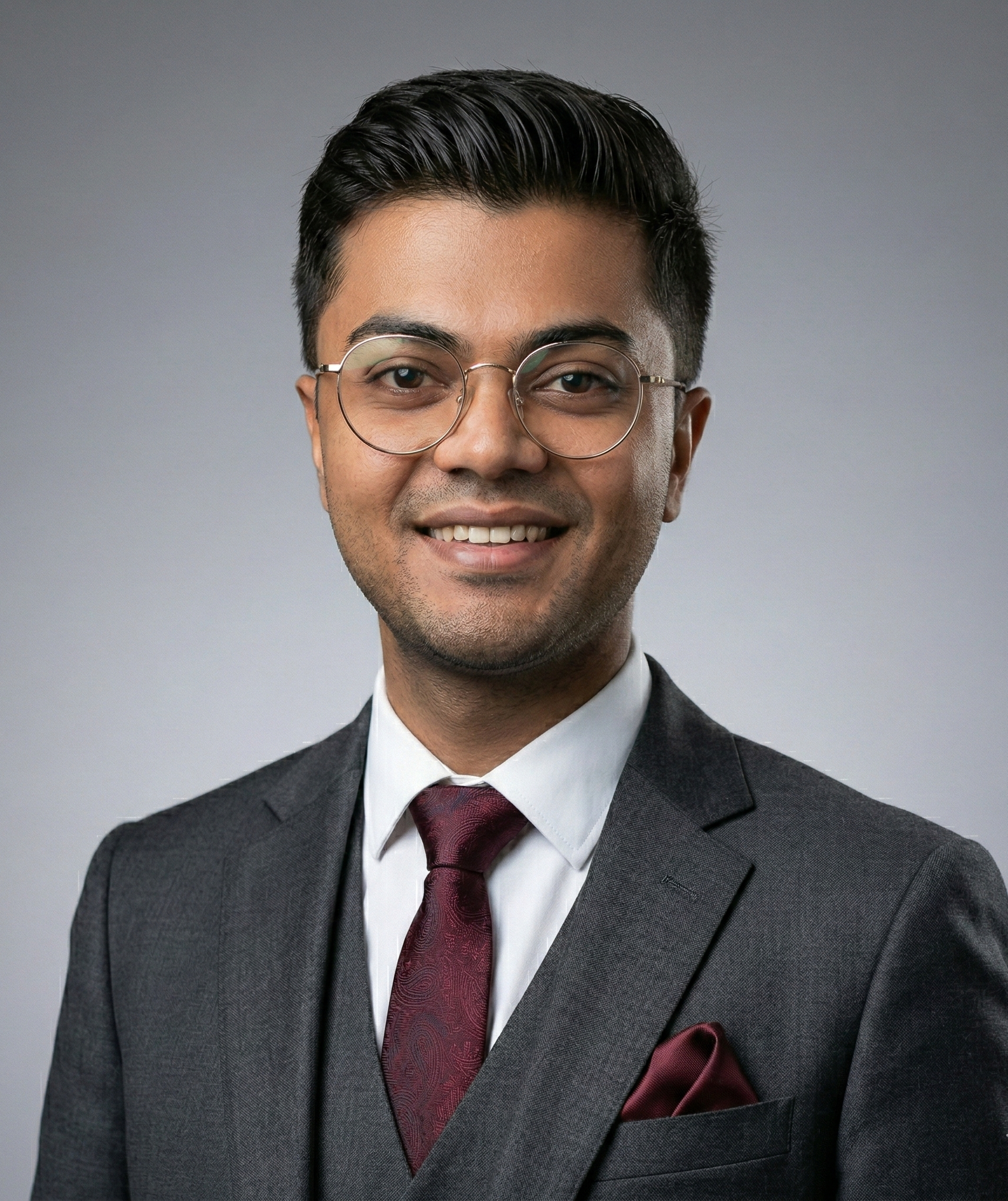 Man in suit, smiling, wearing glasses. White shirt, burgundy tie, and pocket square.