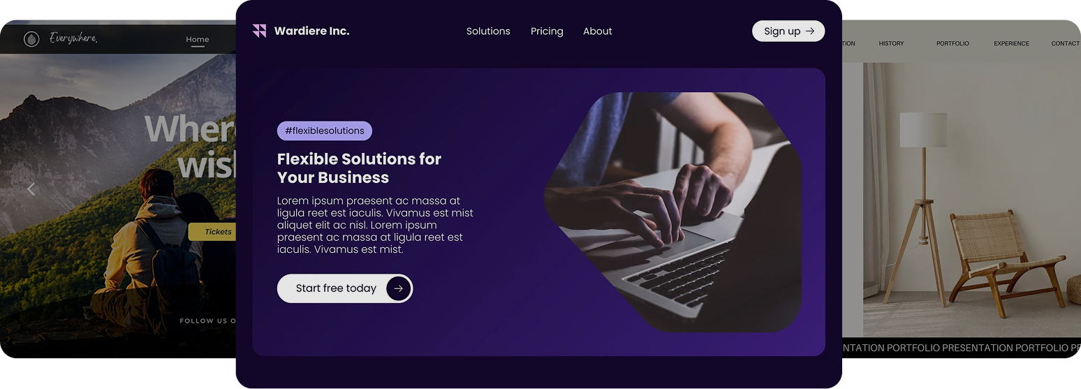 Web design mockups: travel site, software platform, and interior design.