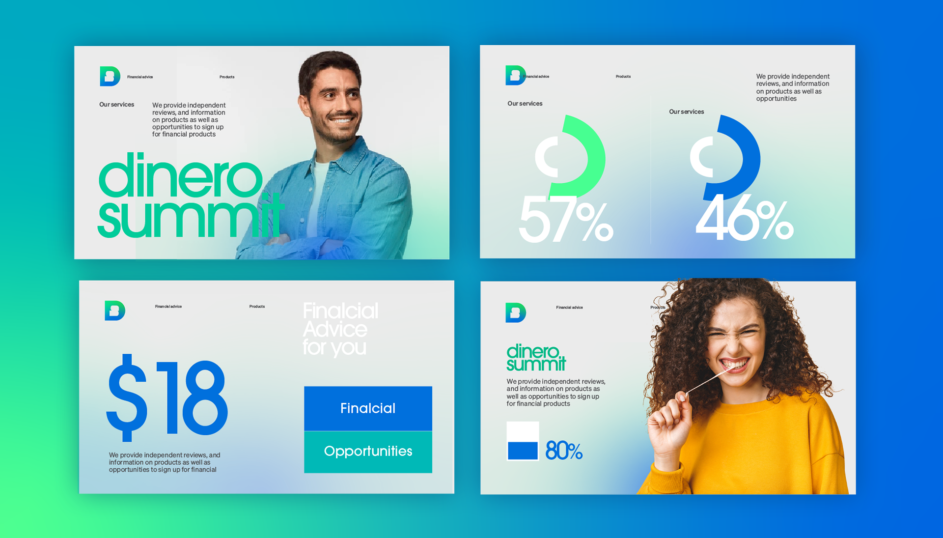 A man and a woman are standing next to each other on a blue and green background.