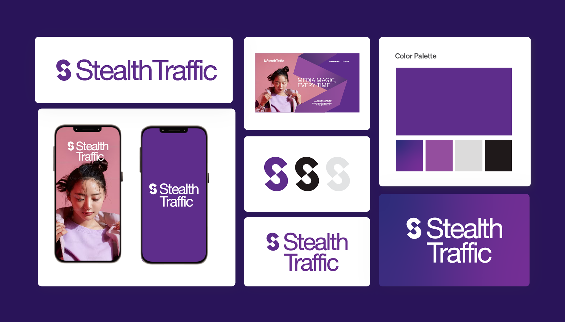 A purple background with a purple phone and a purple logo.