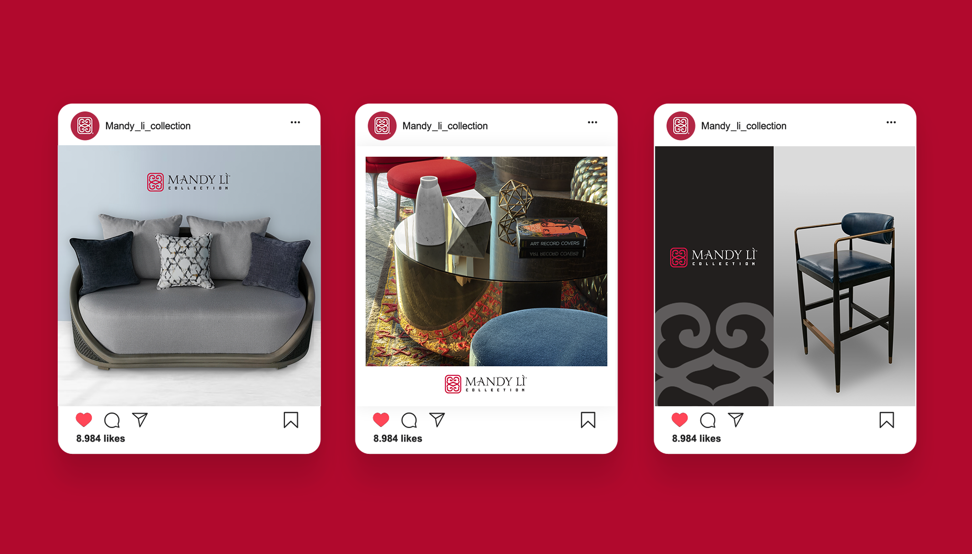 A couch , a chair , and a table are shown on a red background.