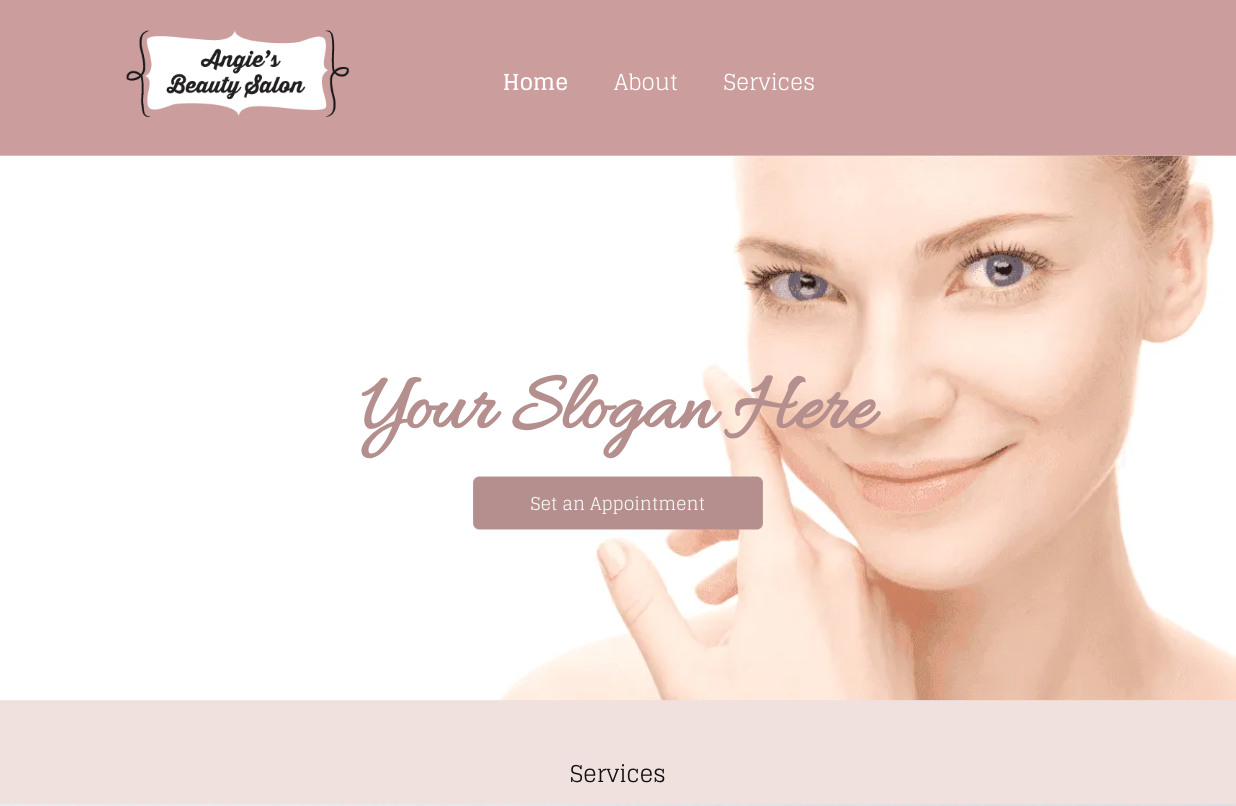 A woman is smiling and touching her face on a website.
