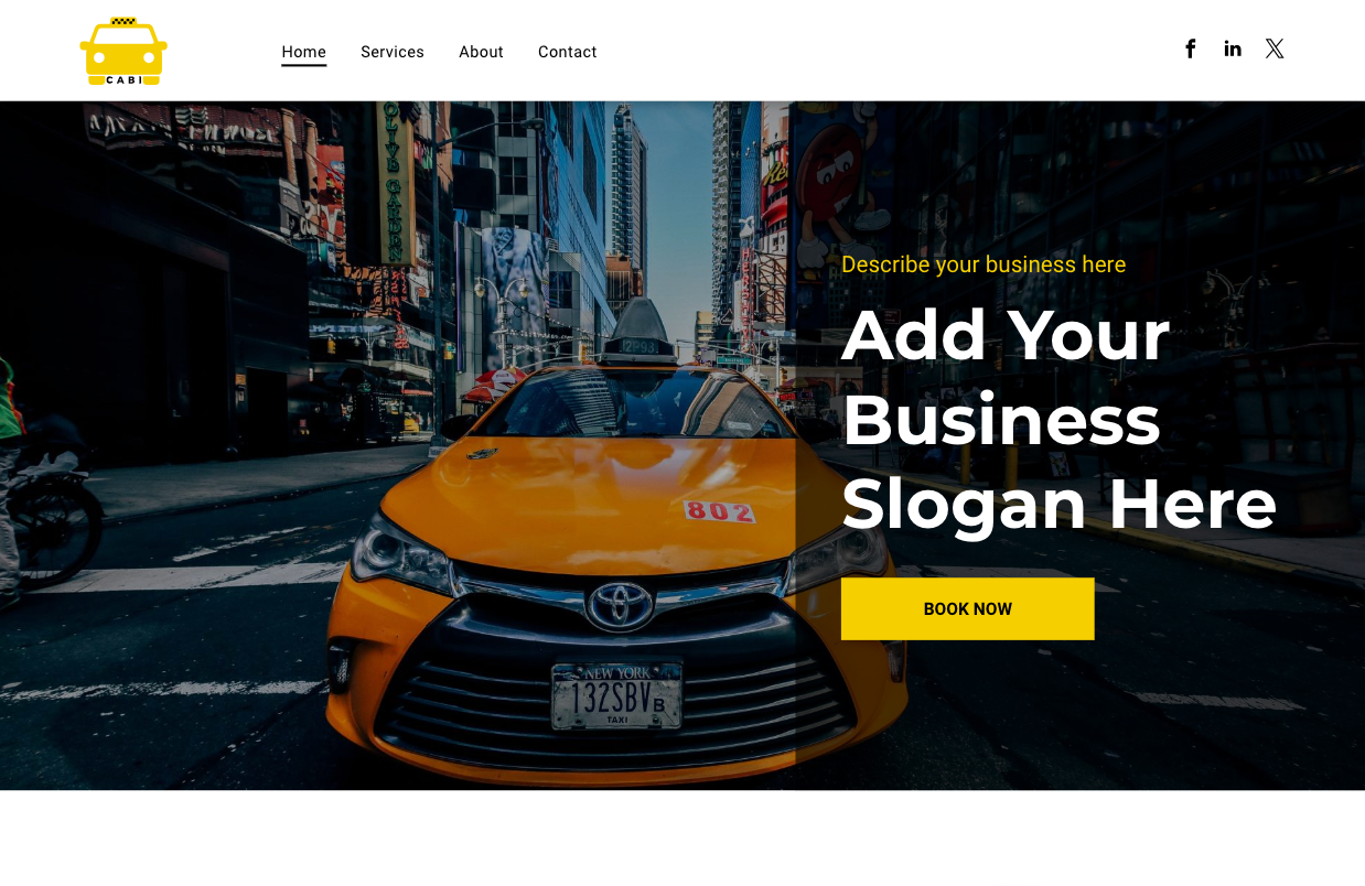 A yellow taxi is driving down a city street.