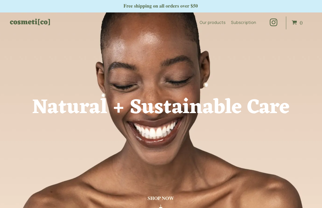 A woman is smiling on a website that says natural + sustainable care