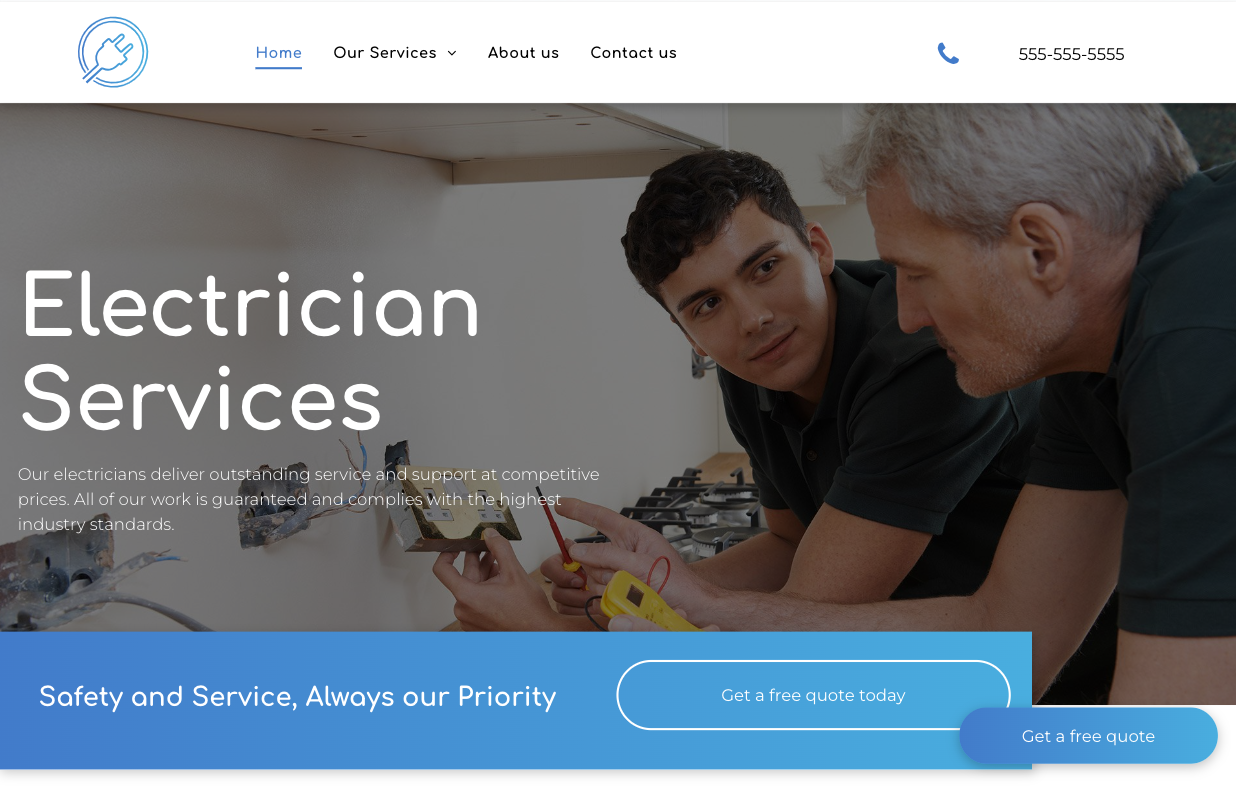 A screenshot of a website for electrician services.