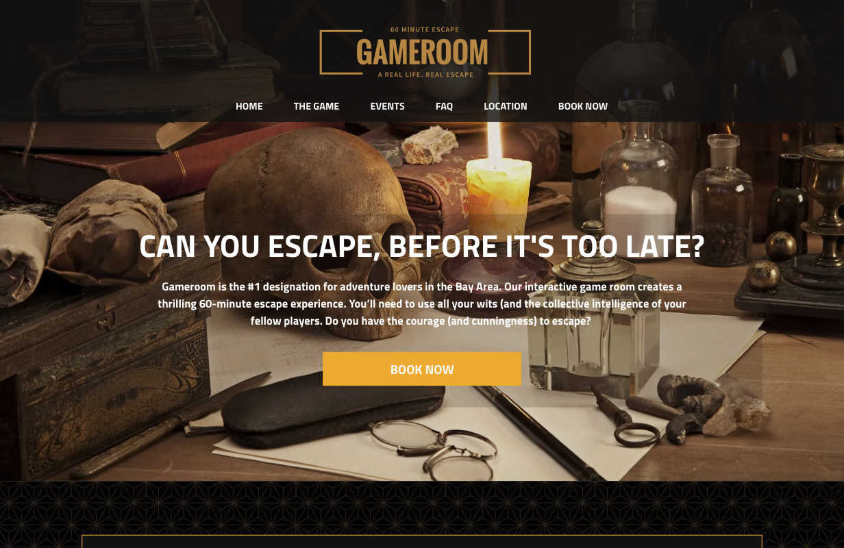 A screenshot of a game room website asking if you can escape before it 's too late.