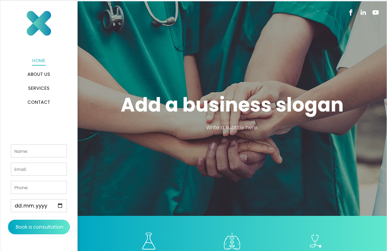 A group of doctors are putting their hands together on a website.