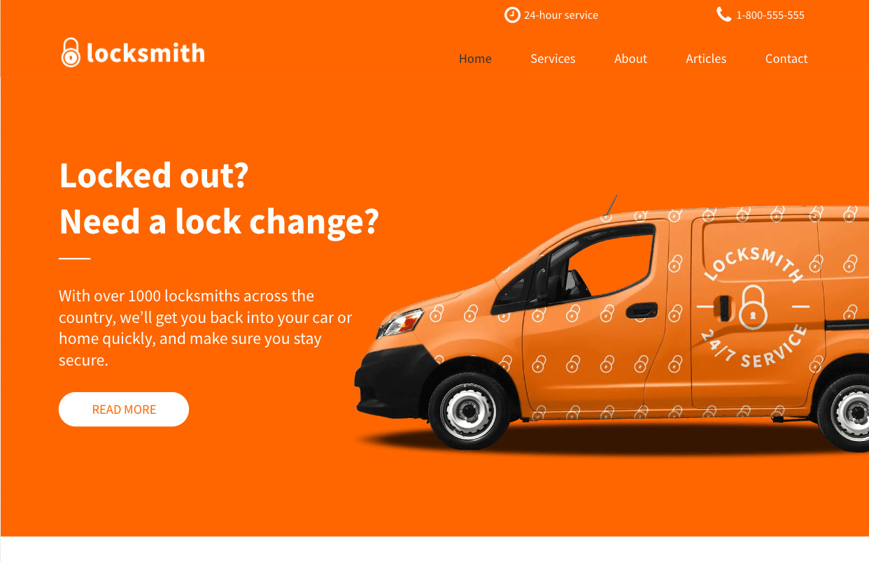 An orange van with the words `` locked out ? need a lock change ? '' on it.