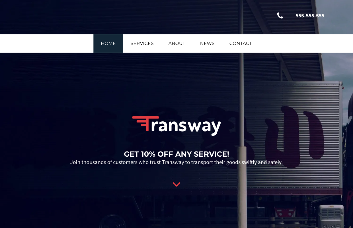 A screenshot of a website for transway with a truck in the background.