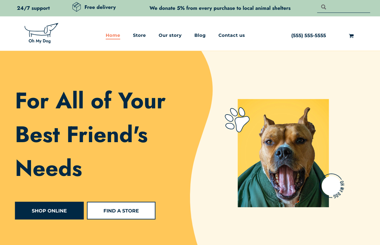 A website for all of your best friend 's needs with a picture of a dog.