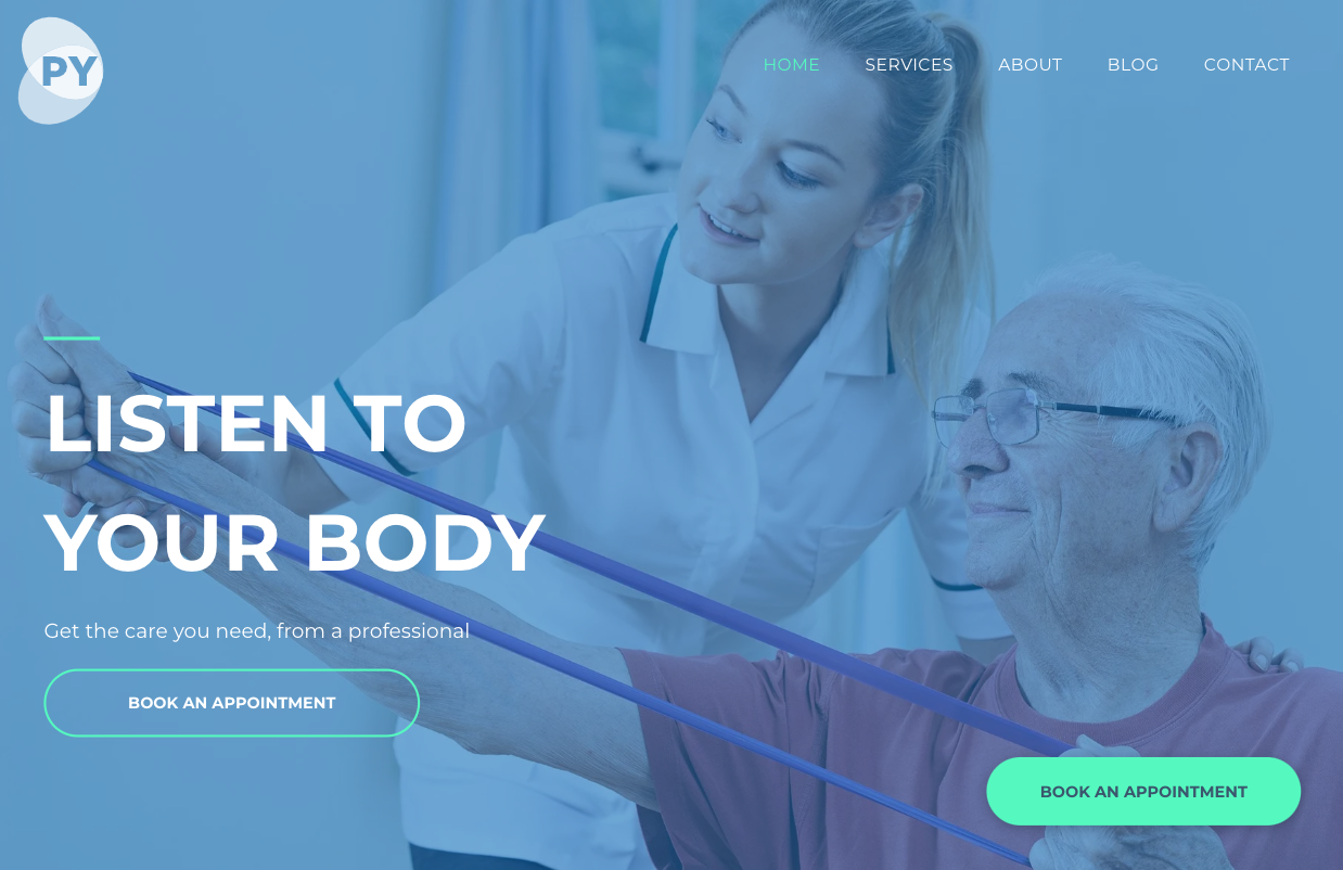 A woman is helping an elderly man with a resistance band.