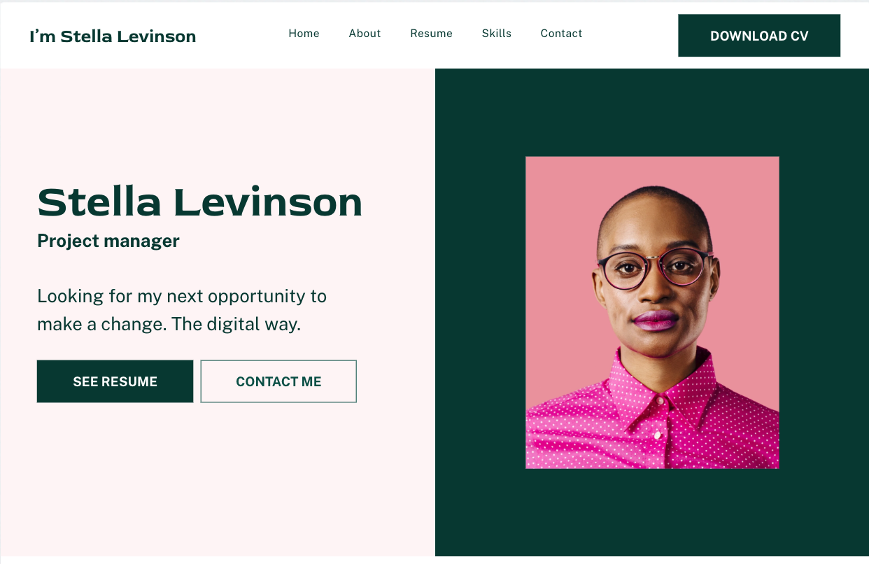 A woman wearing glasses and a pink shirt is on a website.