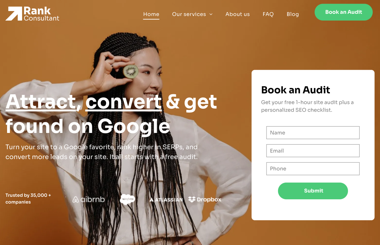 A woman is holding a kiwi on a website that says attract convert and get found on google.