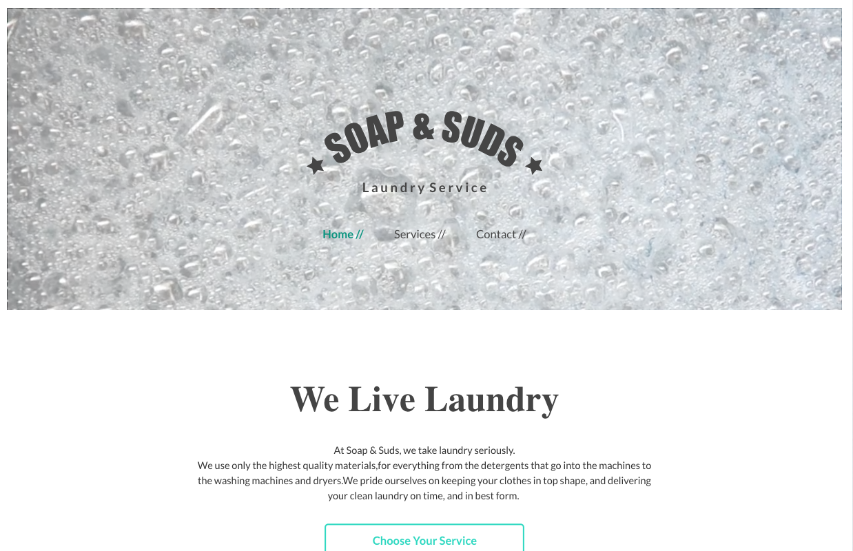 A website for soap and suds laundry service.