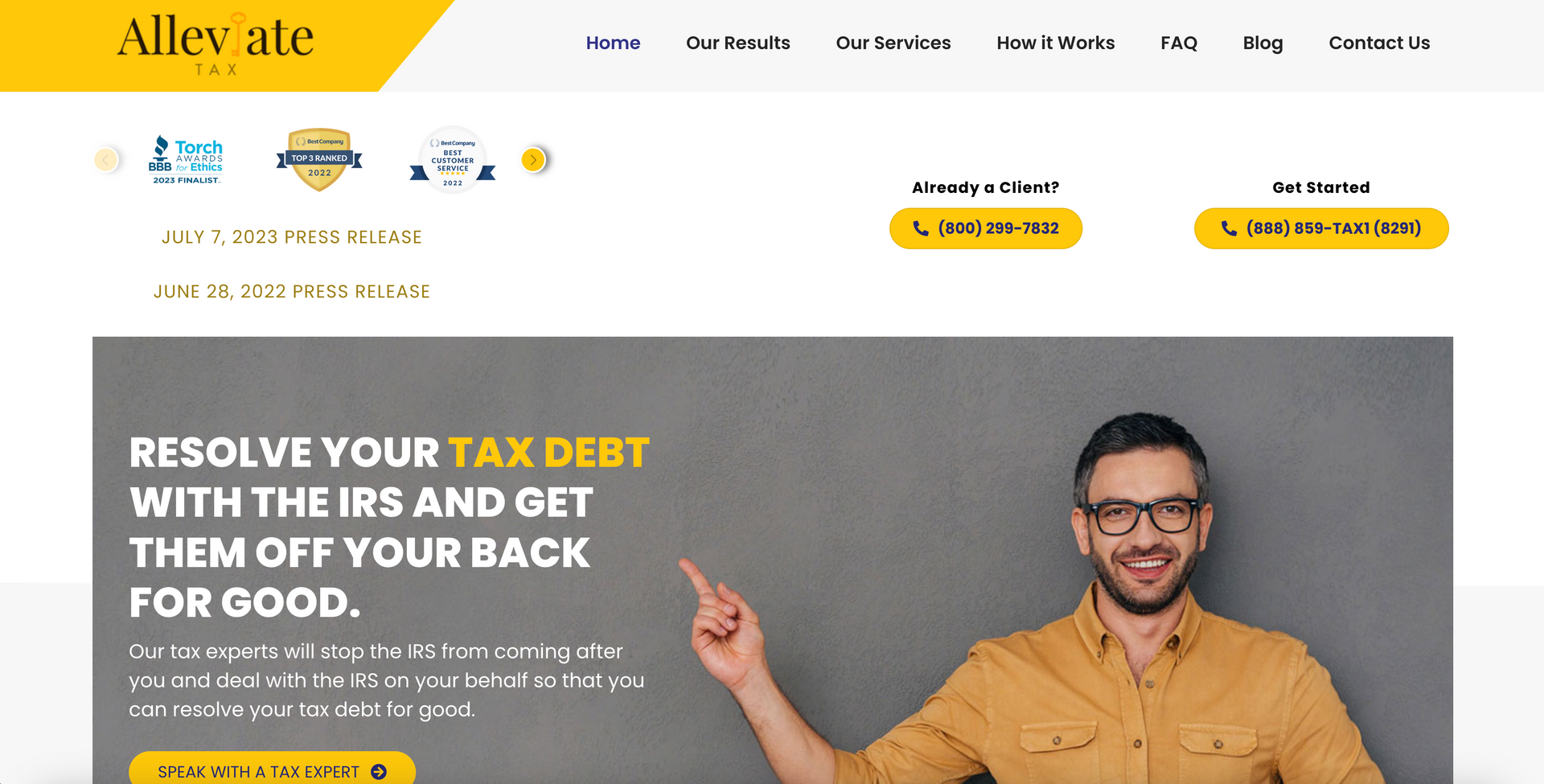 A man is pointing at something on a website that says resolve your tax debt with the irs and get them off your back for good.