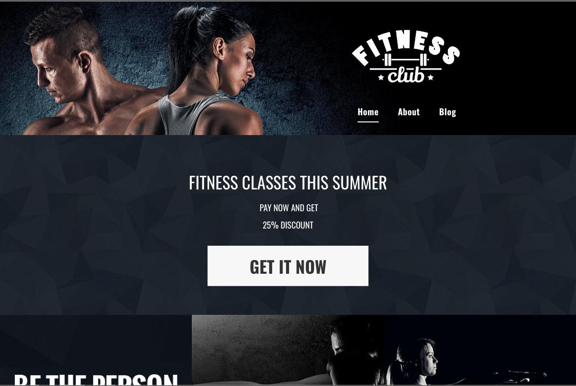 A man and a woman are standing next to each other on a fitness club website.