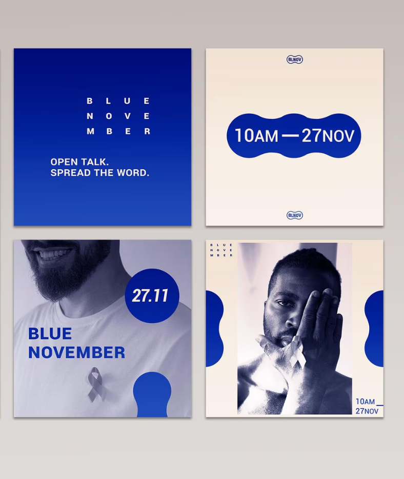 Four posters for blue november are displayed on a wall
