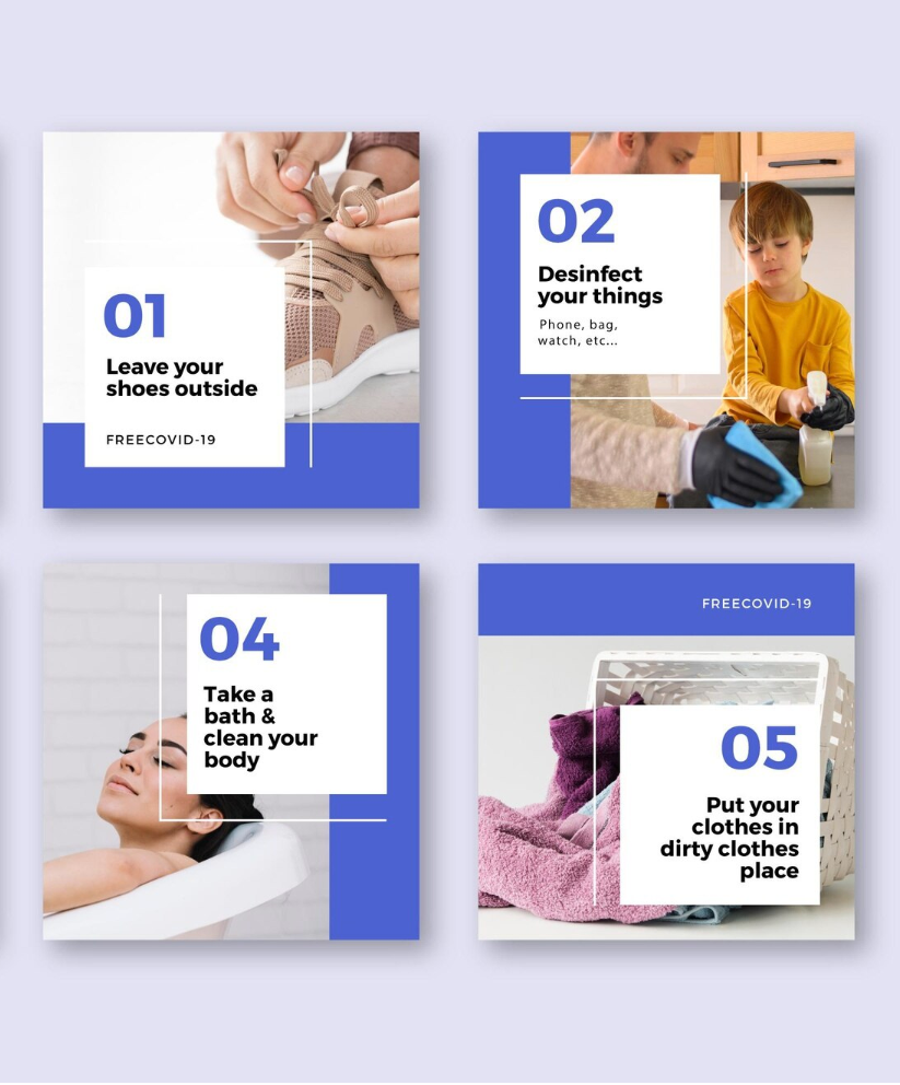 A set of four social media posts with a blue and white theme.