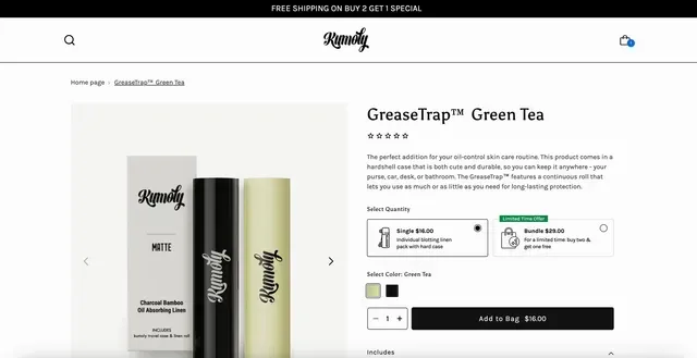 A screenshot of a website selling green tea.