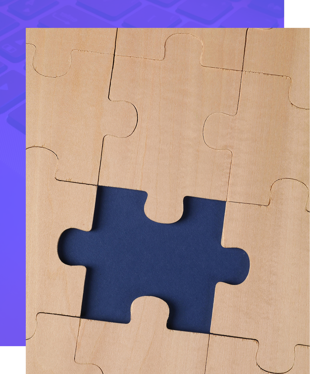 A tan cardboard jigsaw puzzle with one piece missing, revealing a solid blue background.