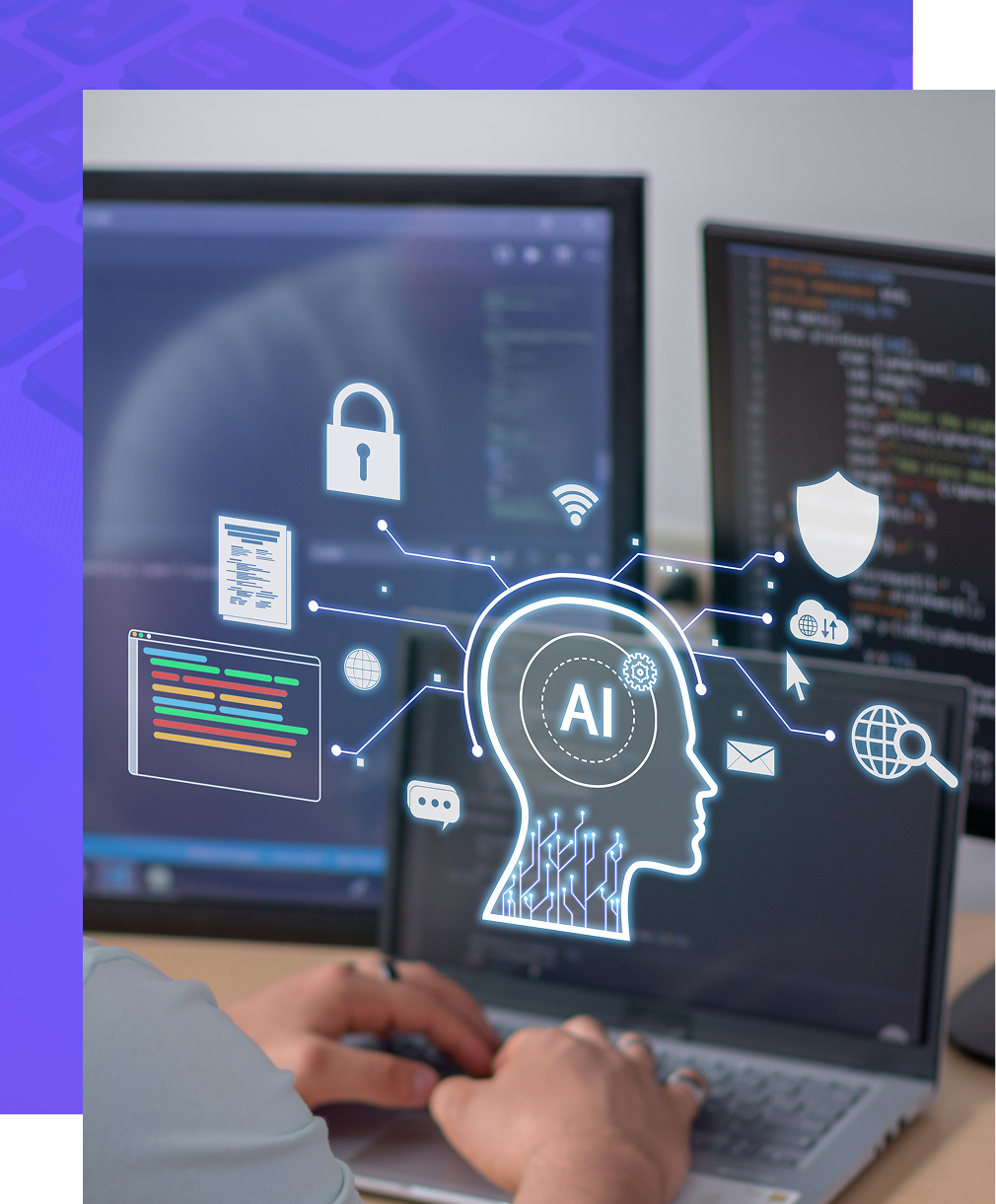 Hands typing on a laptop with a digital overlay of a human head icon, AI text, and various cybersecurity icons.