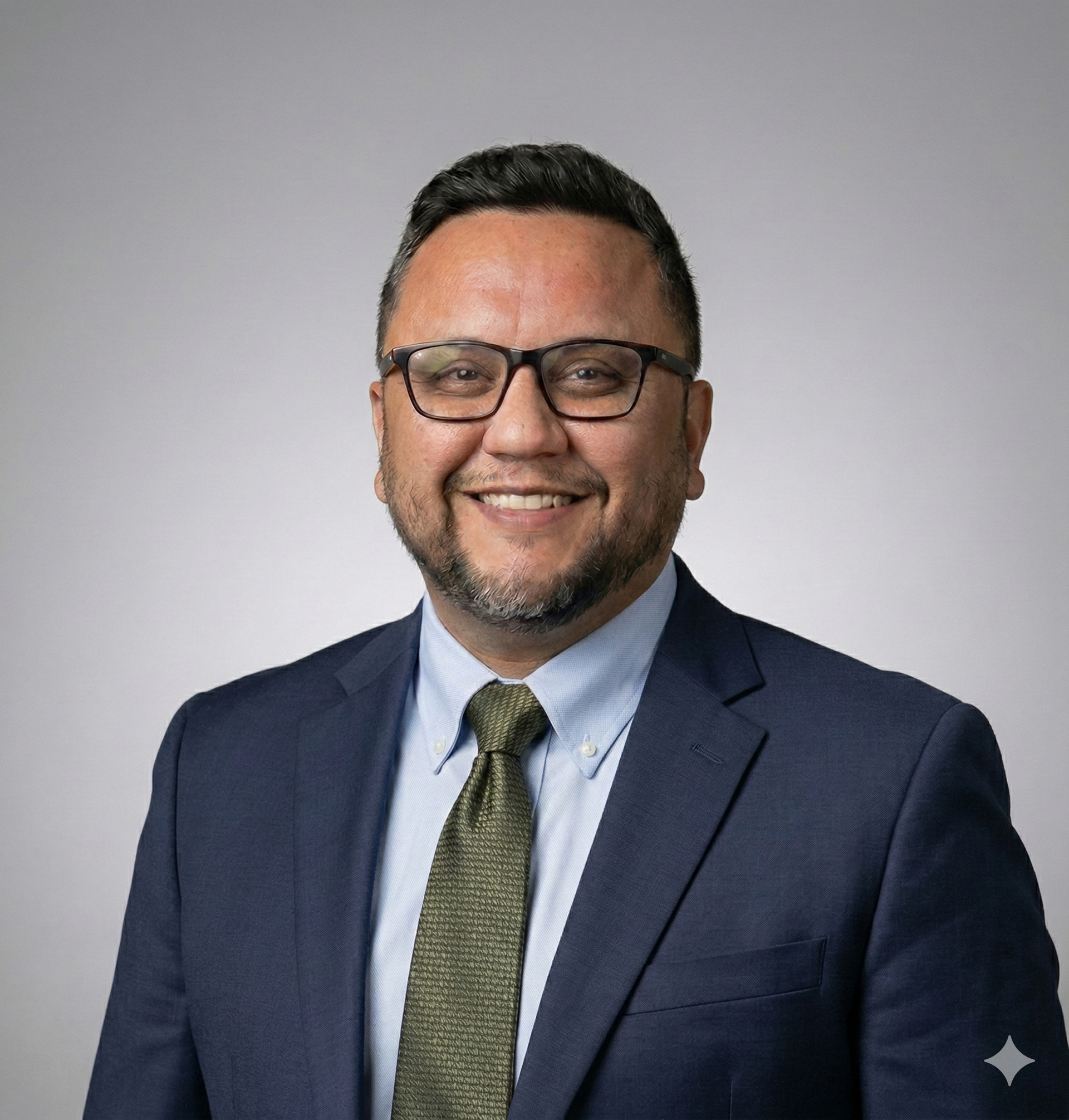 Man wearing glasses, suit, and tie smiling against a neutral gray background.