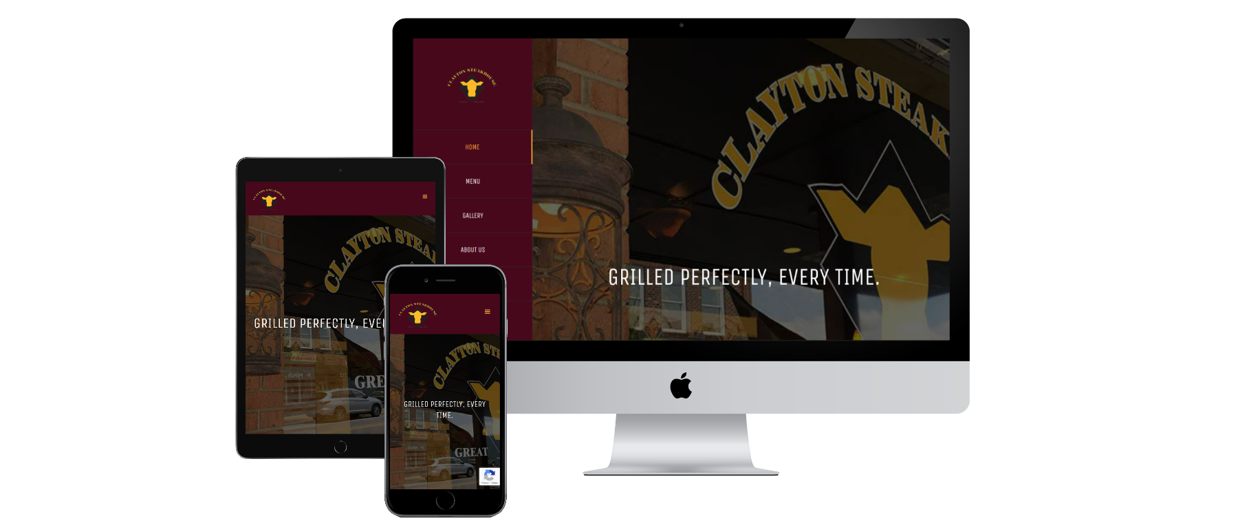 A computer , tablet , and cell phone are displaying the clayton steak website.