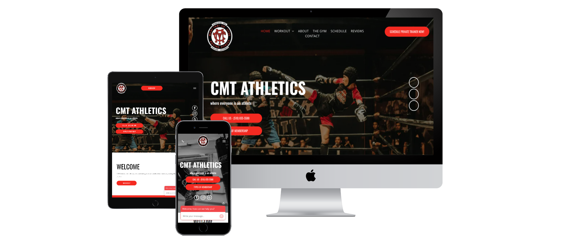 A computer , tablet , and cell phone are displaying a website for cmt athletics.