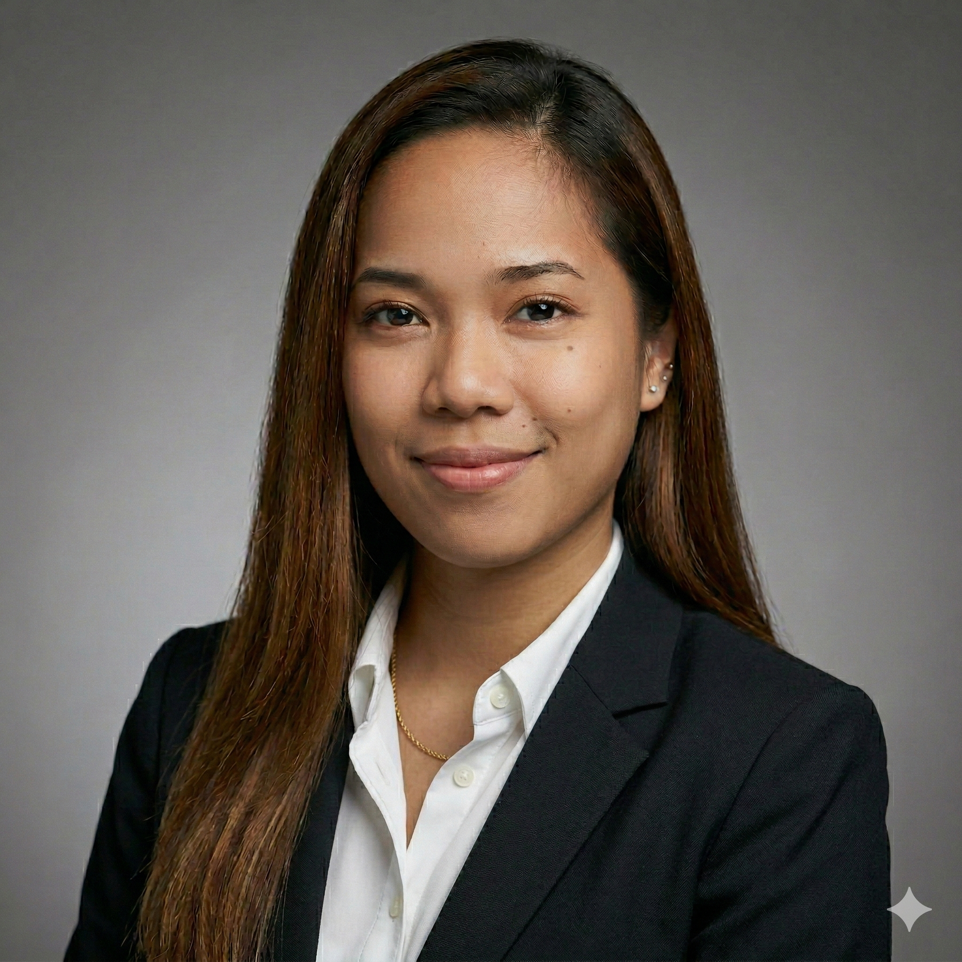 Woman with brown hair in a black blazer and white shirt, smiling, studio portrait.
