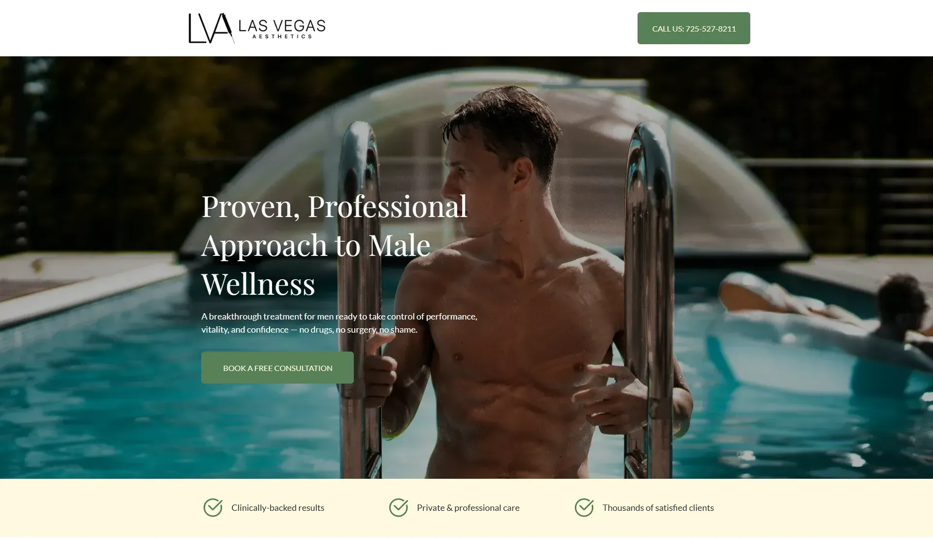 Man exiting a pool, looking at the viewer. Text: 