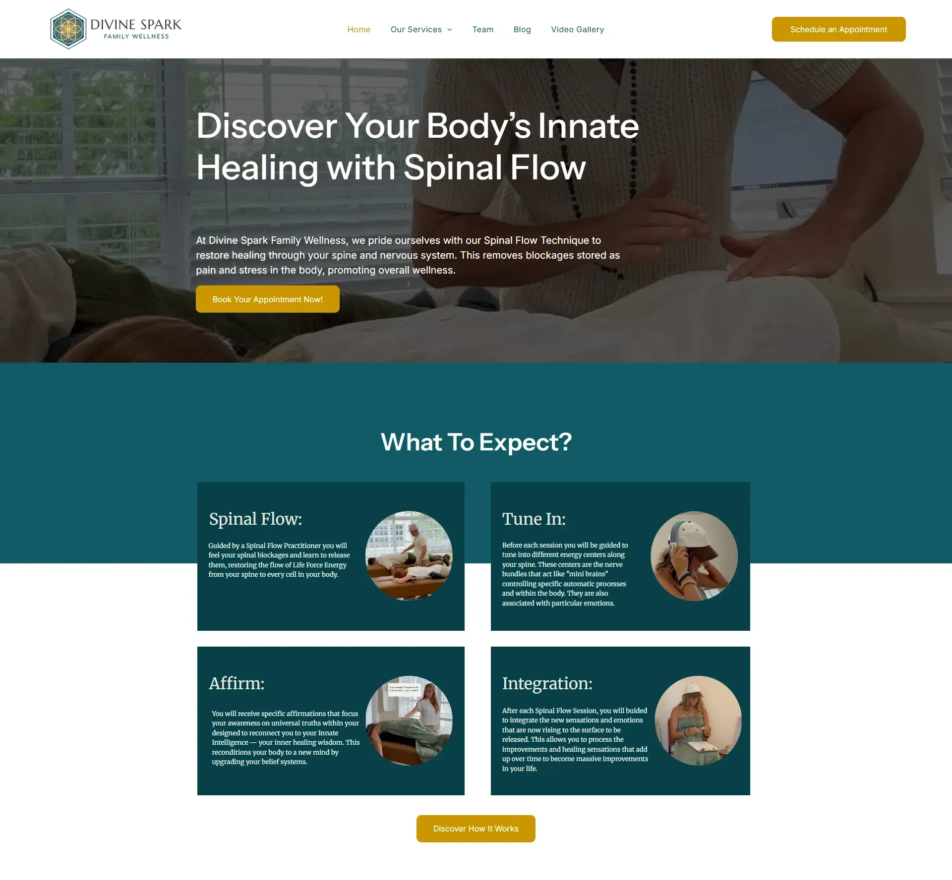Website homepage featuring spinal flow therapy with a person receiving treatment.