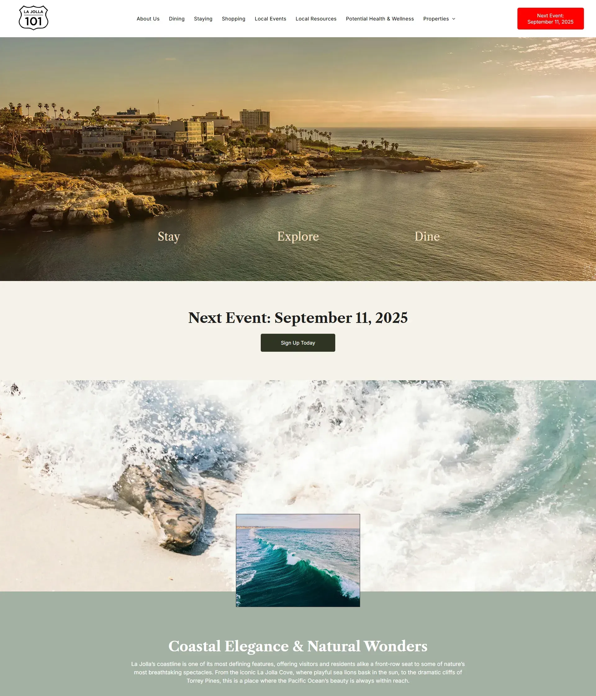 Coastal landscape with cliffs and ocean, text 