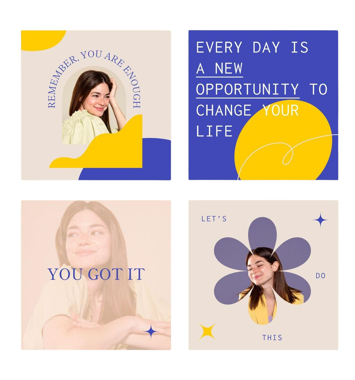 Four social media posts with inspirational messages and images of a woman. Yellow, blue, and peach tones.