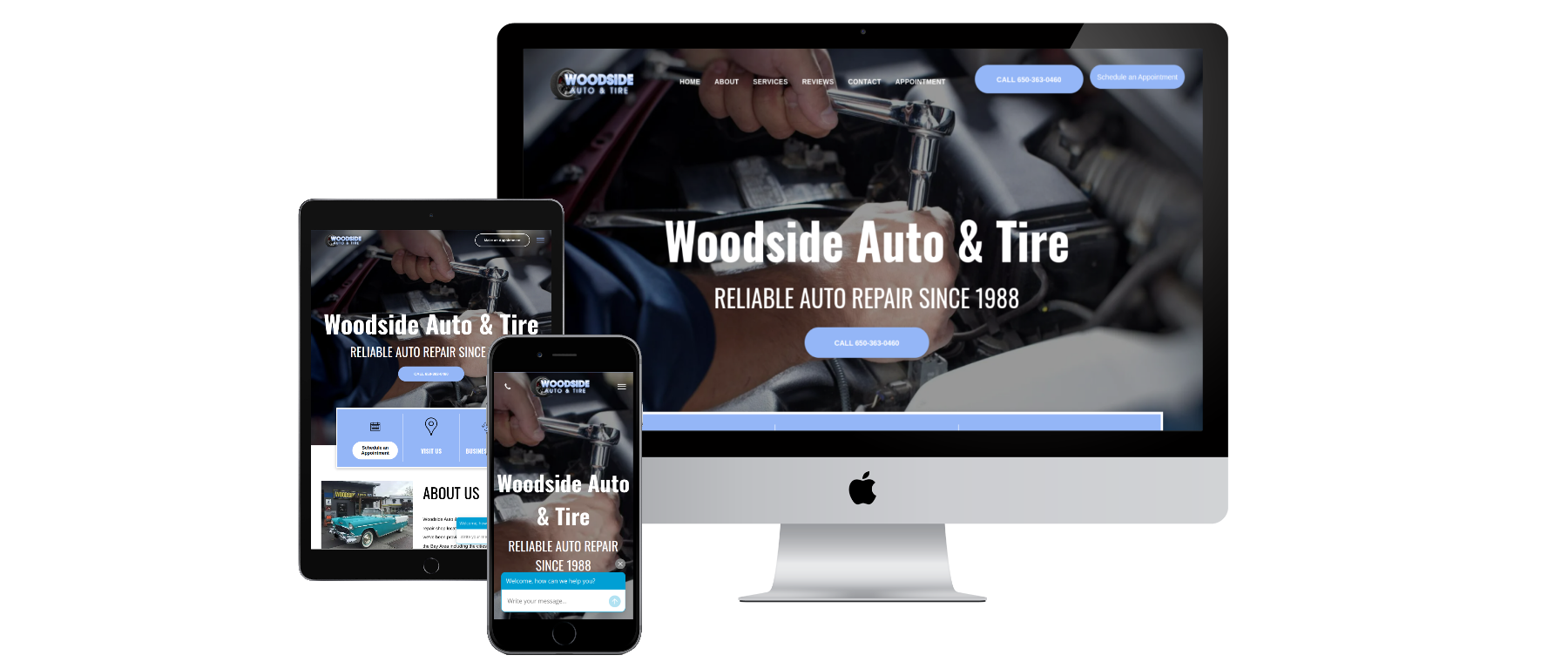 A computer , tablet , and cell phone displaying a website for woodside auto & tire.