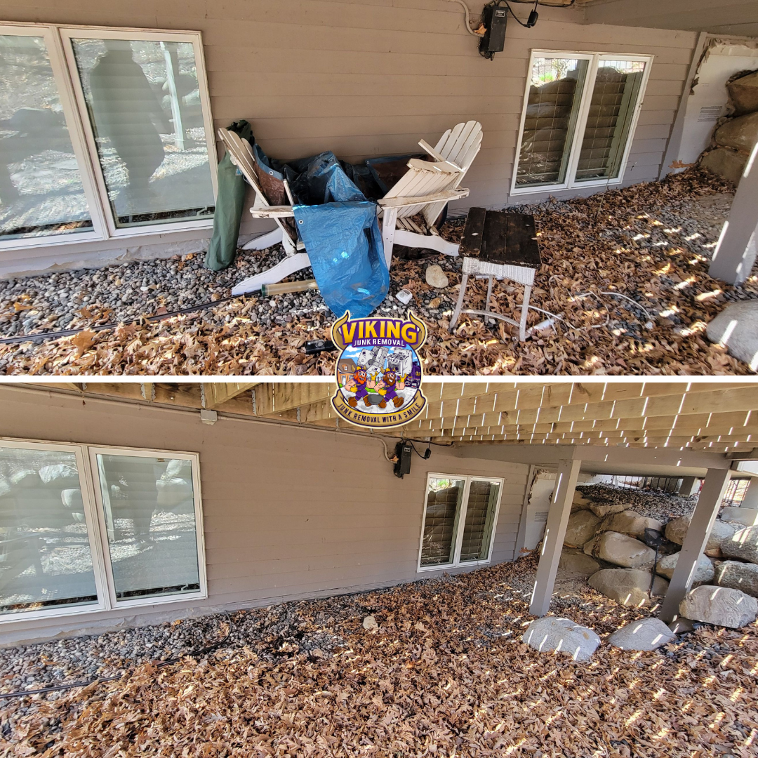 A before and after picture of a house covered in leaves.