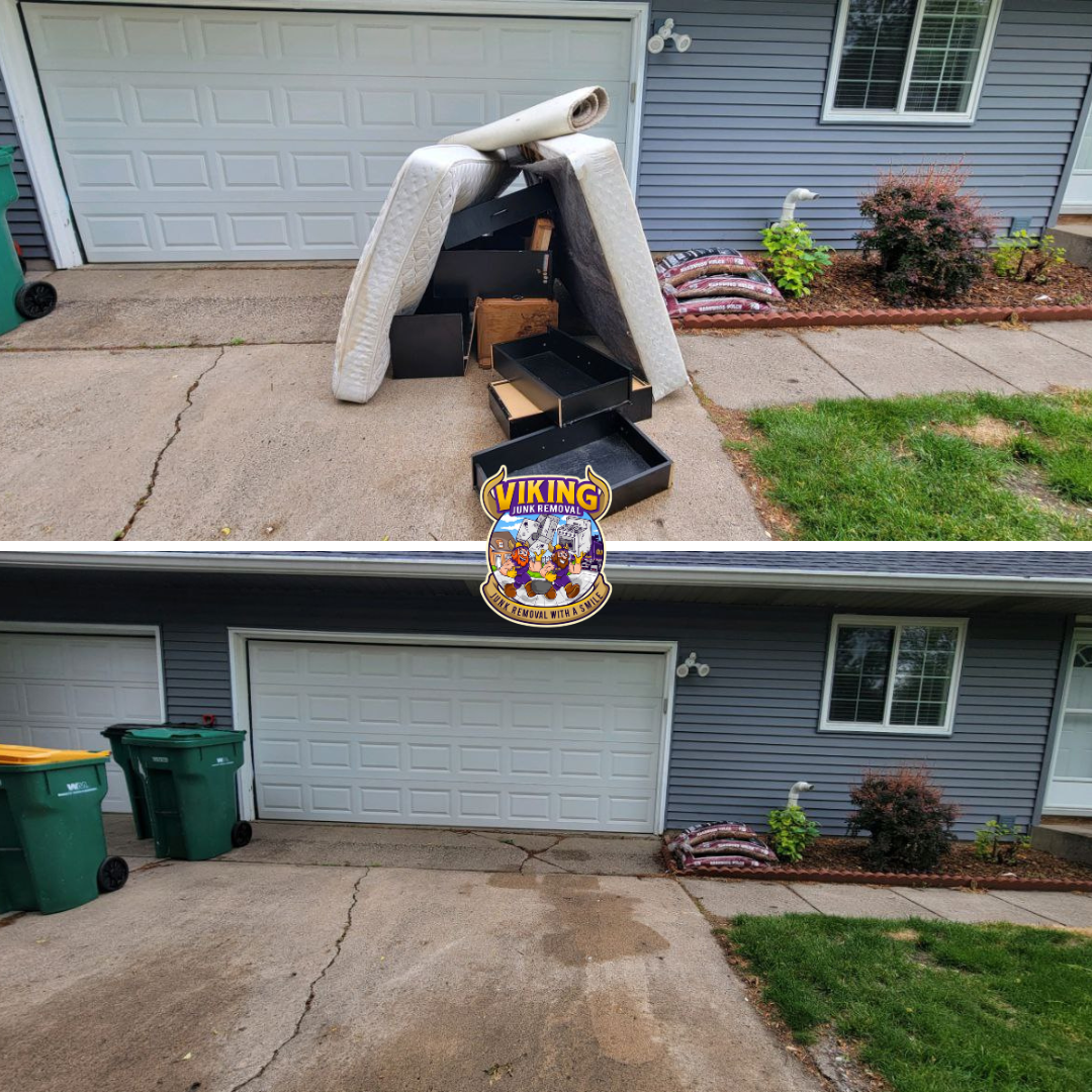 A before and after picture of a house with a mattress in the garage