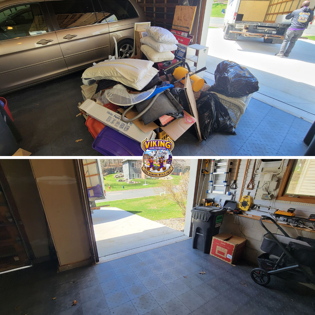 A before and after photo of a garage filled with junk.