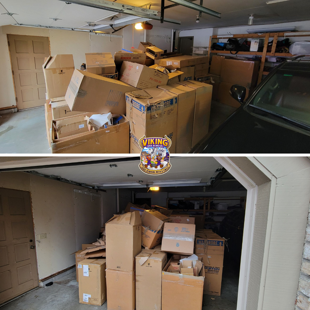 A before and after photo of a garage filled with cardboard boxes.