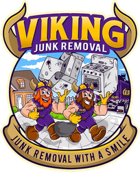 a logo for viking junk removal with two vikings carrying appliances .