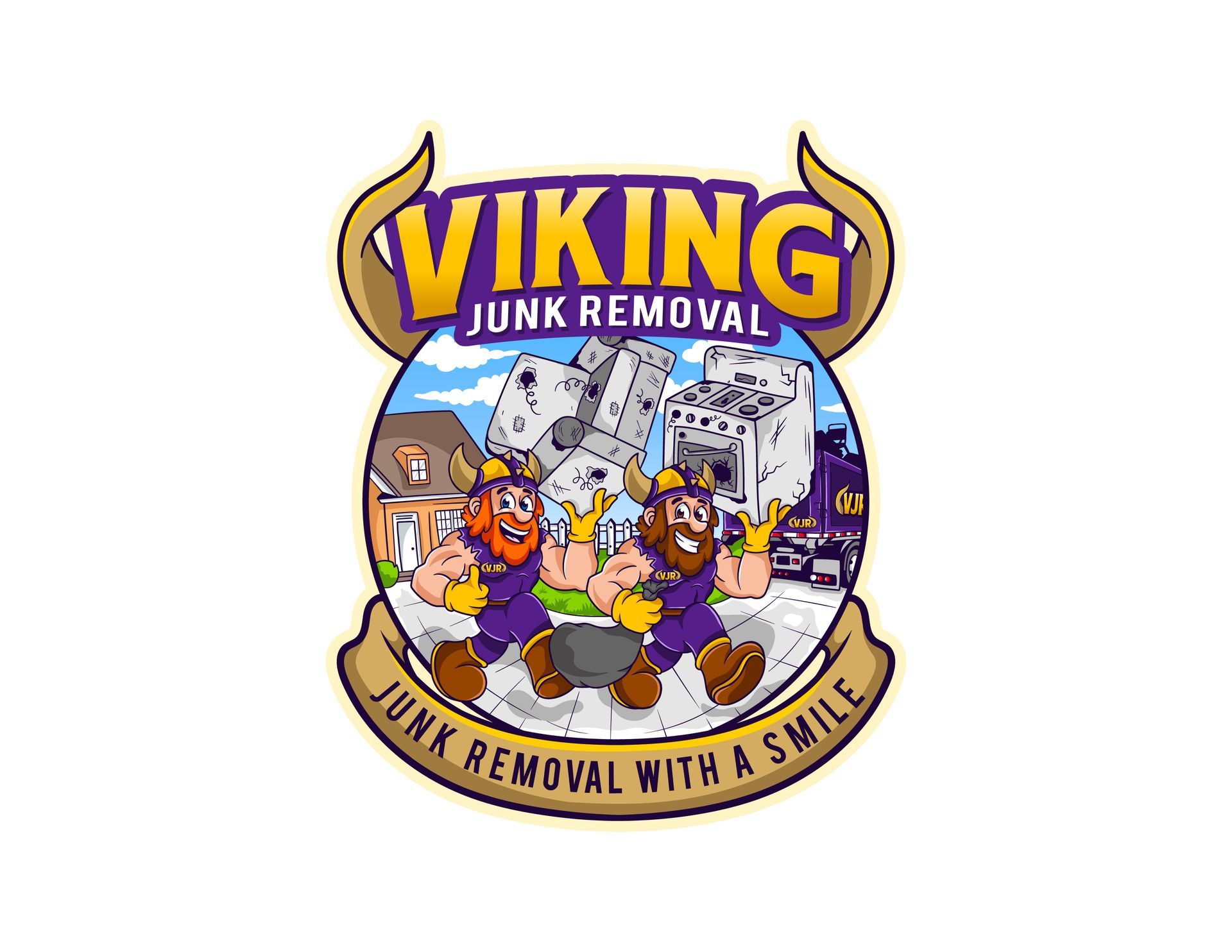 A logo for viking junk removal with a smile.