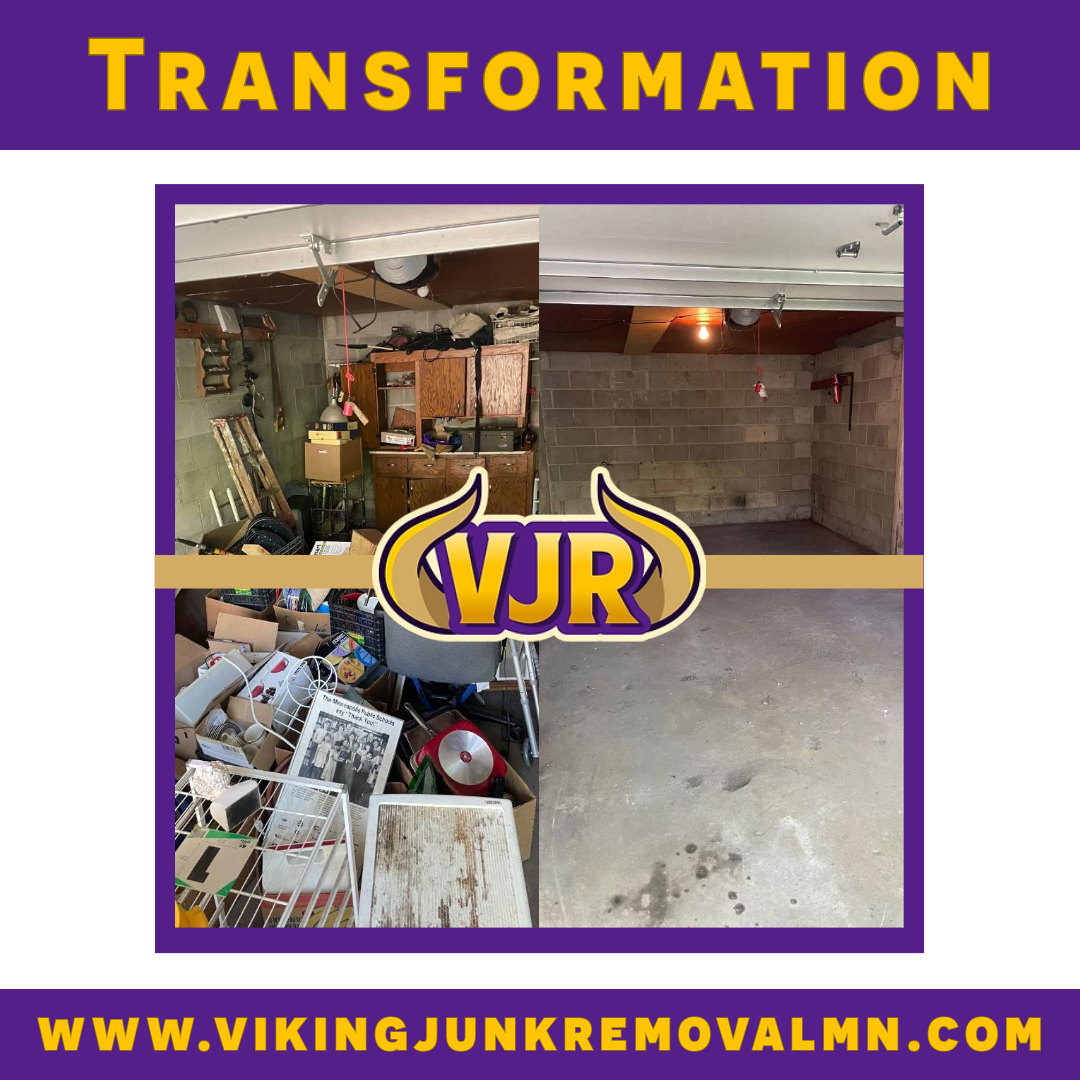 A picture of a garage before and after being cleaned by viking junk removal.