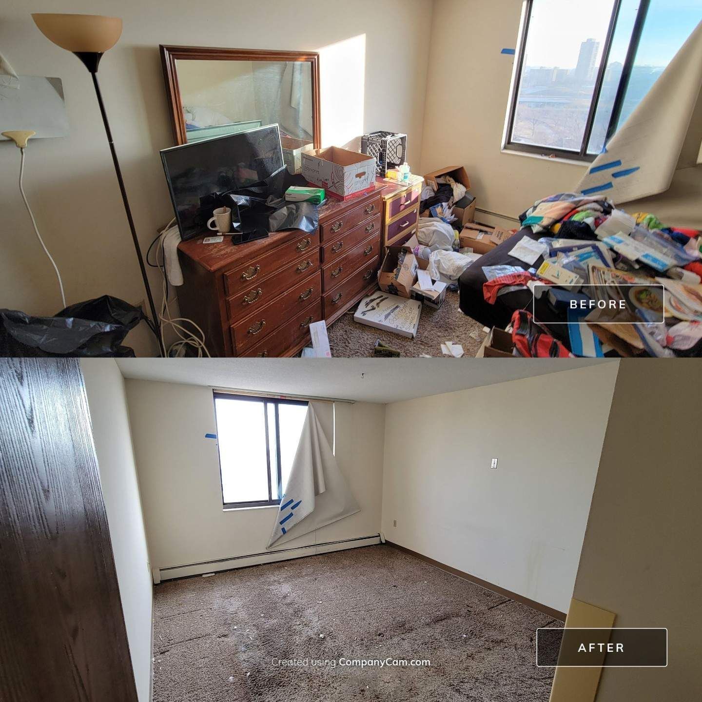 A before and after photo of a messy bedroom.