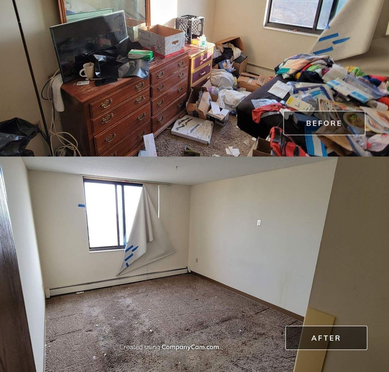 A before and after photo of a messy bedroom.
