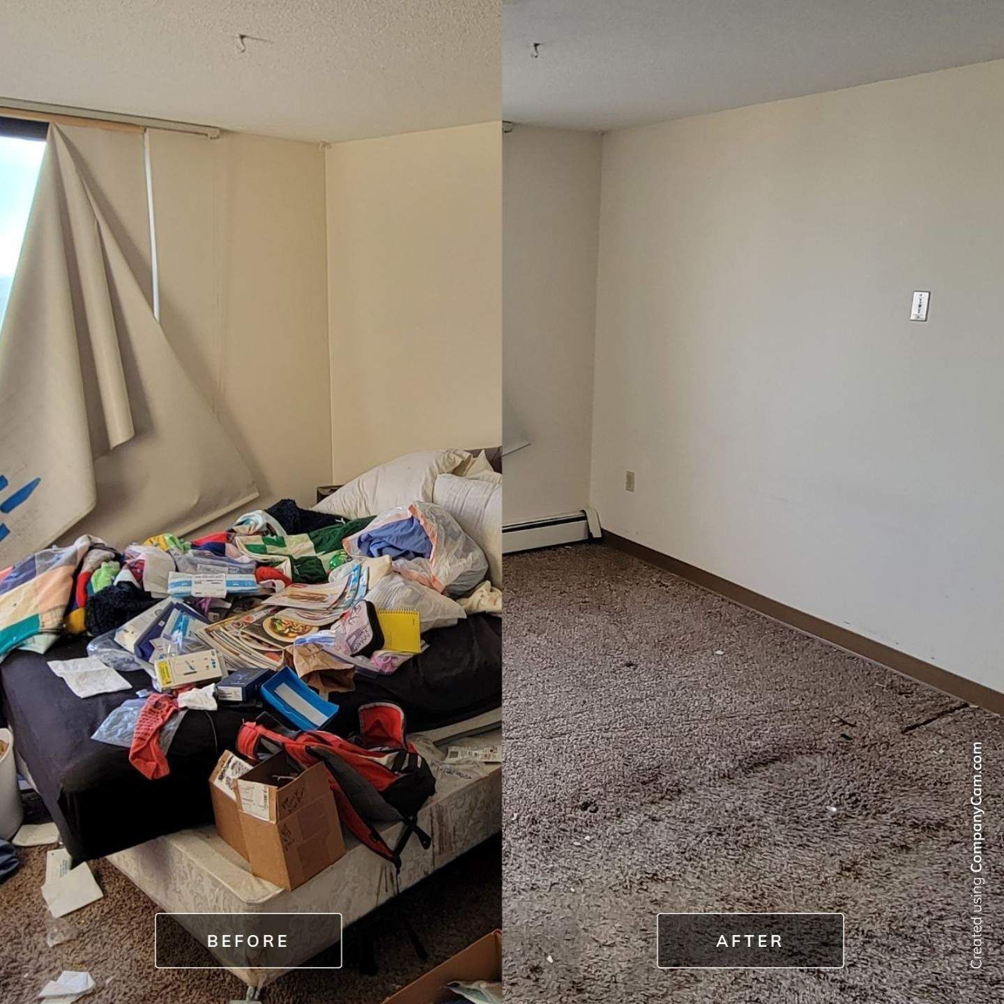 A before and after photo of a bedroom with a messy bed and carpet.