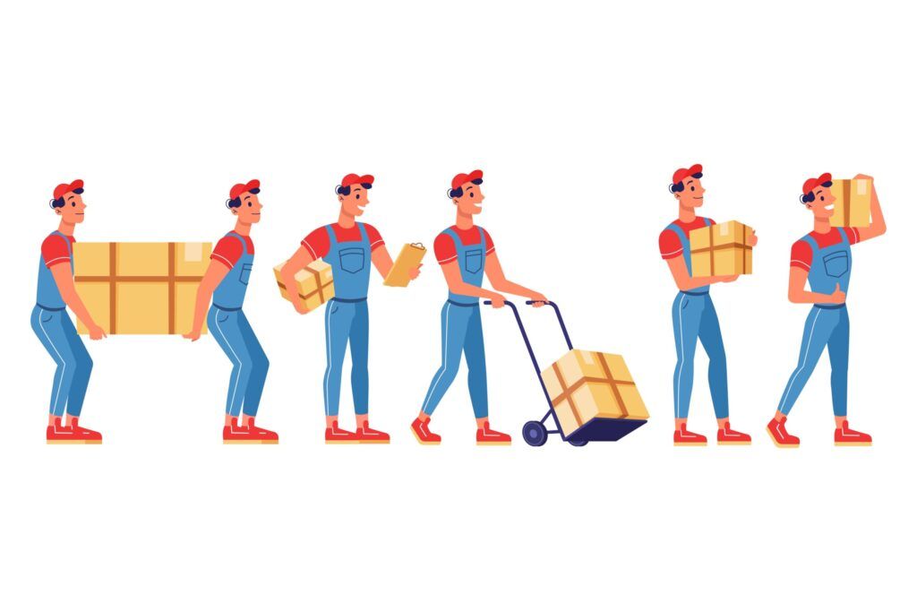 Six delivery workers in red shirts and blue overalls perform various tasks like carrying and moving cardboard boxes.