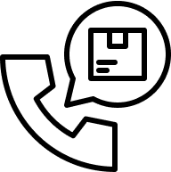 A black line icon of a telephone handset with a speech bubble above it containing a package symbol.