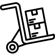 A black-and-white icon of a hand truck carrying two stacked cardboard boxes.