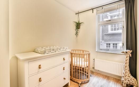 A nursery with a white dresser and changing pad, a wooden oval crib, a hanging plant, and a toy giraffe near a window.